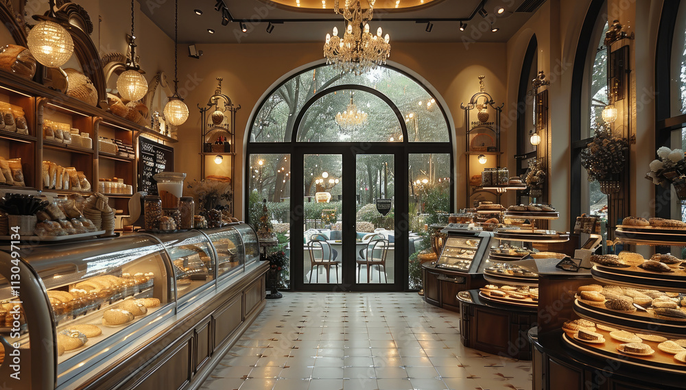 Obraz premium Beautiful bakery exterior, interior lighting design is warm, soft and bright; chandelier is made of iron and glass parts, providing soft and beautiful light to the dining area.