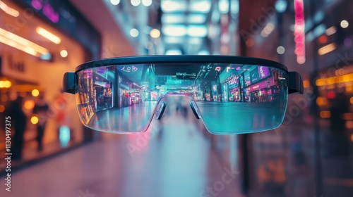 First-Person AR Experience in a Shopping Mall with Neon Advertisements photo