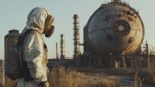 a man in protective biohazard hazmat suit approaching an abandoned factory power plant photo