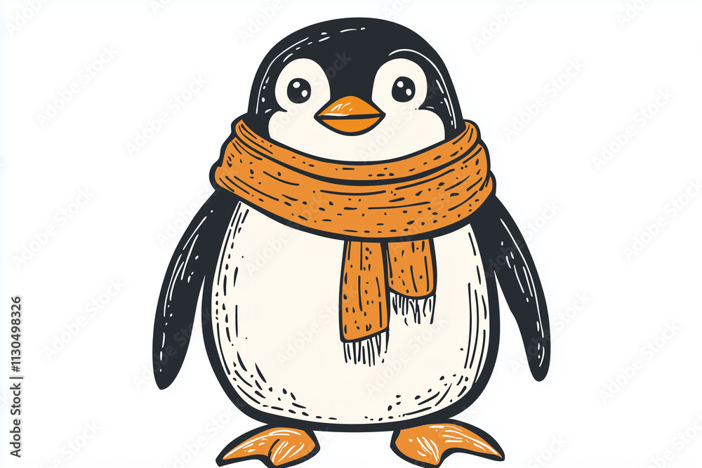 Obraz premium Playful Cartoon Penguin in Scarf, Isolated on Plain Background with Clean, Crisp Edges.