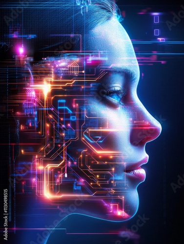 Digital Neural Face Design - Futuristic concept art depicting a human face integrated with digital circuitry, symbolizing AI, technology,  the future,  human enhancement, and neural networks.