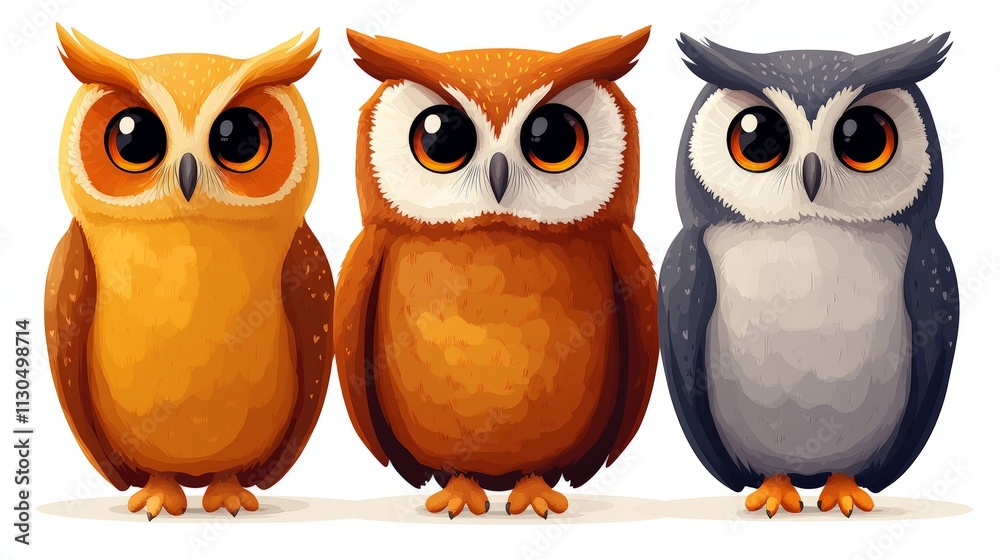 Fototapeta premium A flat, 2D vector of an owl with wide eyes, minimalist design, simple lines, isolated on a white background