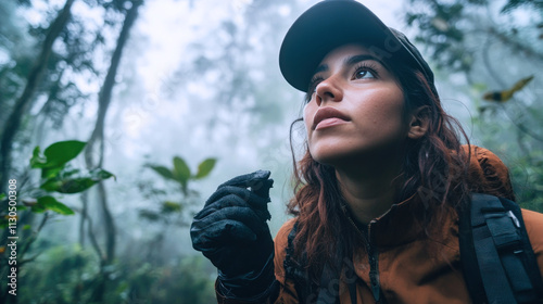 Hispanic woman forest ranger with a rugged at foggy dense forest conservation photo