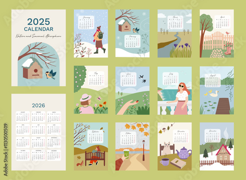 Calendar 2025 with hand drawn illistrations inspired by nature and seasons. Week start fron Monday. Set of 12 months, cover and one sheet of the 2026 year. Template for A4 A3 A5 size