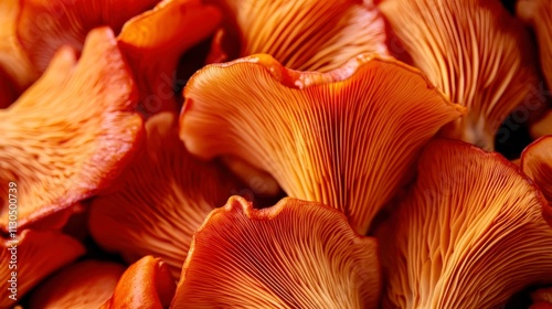 Detailed shot of bright red cinnabar chanterelles, their tiny caps vibrant and striking photo