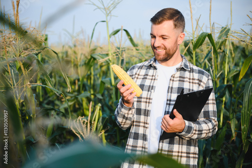 Yong handsome agronomist in the corn field and examining crops before harvesting. Agribusiness concept. agricultural engineer standing in a corn field photo