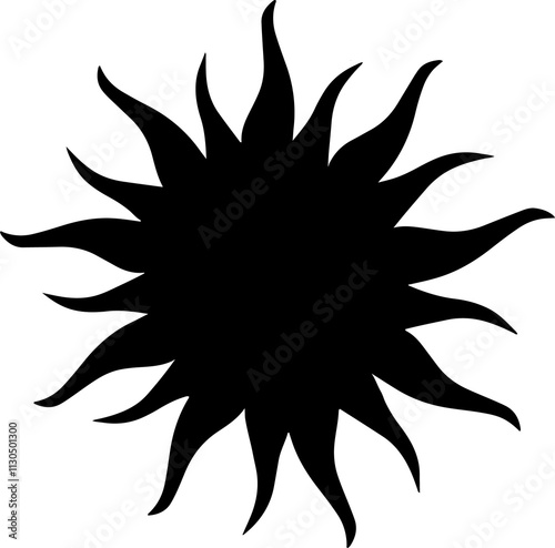 Black silhouette of the sun. A medieval symbol of the sun with many rays. Astrological symbol. Vector illustration in art deco style.