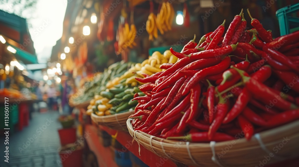 Fototapeta premium Fresh red chili peppers in a market stall, alongside yellow and green peppers. Blurred background shows a bustling marketplace.