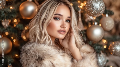 Lovely girl with fur coat and Xmas decs photo