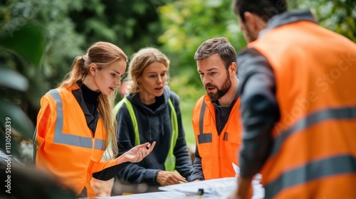 Risk management professionals conducting an outdoor simulation for disaster recovery planning