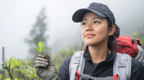 Malay woman forest ranger with a rugged at foggy dense forest conservation photo