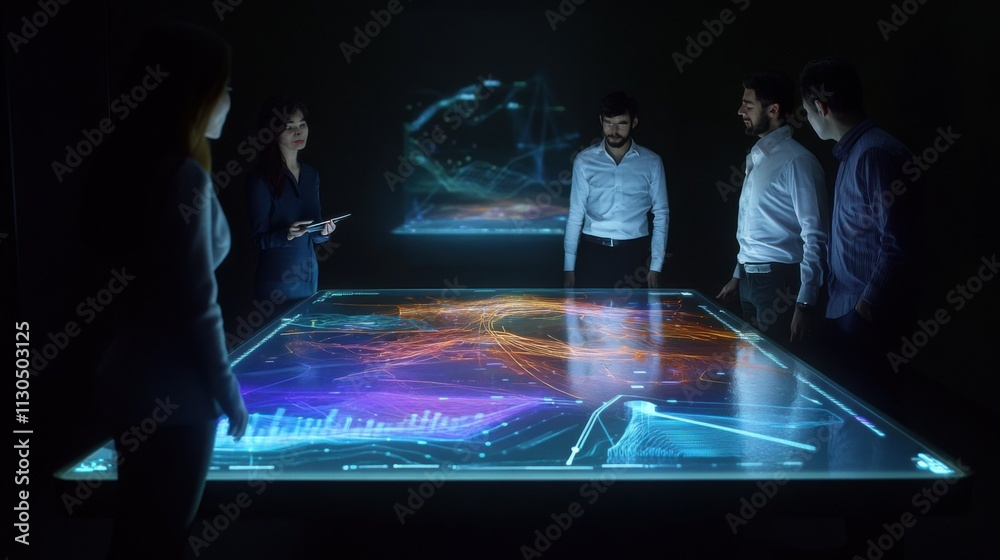 Fototapeta premium Risk management simulation with professionals tracking potential risks on a holographic table