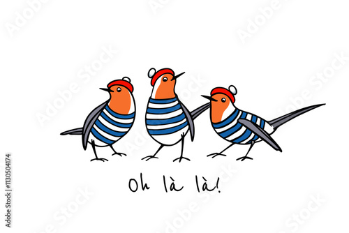 Vector illustration of hand drawn cute robins in traditional parisian berets with text below: "Oh, dear!" Ink drawing, funny illustration,  beautiful animal design elements.