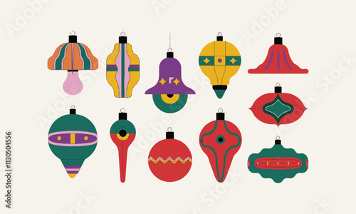 Collection of Christmas ornament elements, Collection of colorful Christmas decorations, balls, stars, and ornaments. Symbols and elements are isolated and easily editable.