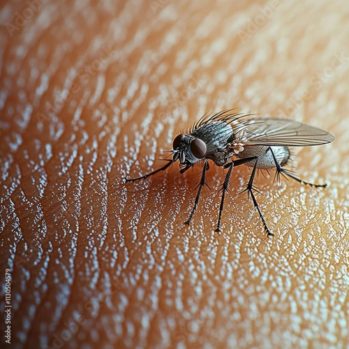 glitch,  A tsetse fly, shown in a close-up view, landing on human skin photo