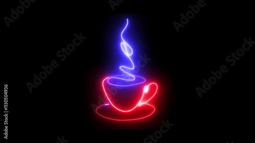 Glowing Neon Coffee Cup: Modern Design with Rising Steam
