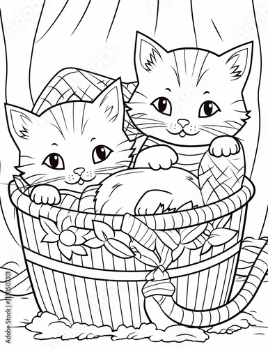 Coloring page of two cute cats in basket. Pets care. World cat day. Printable black and white coloring page for children. Coloring sheet for kids and adults. 