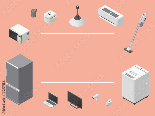 アイソメトリック図法で描いた家電のイラスト12点セット（タイトル欄あり） / 12 piece home appliance package. Isometric illustration