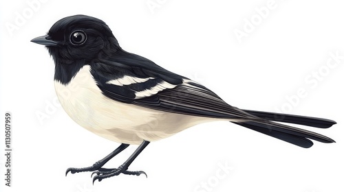 A simple black and white 2D cartoon of a bird perched, flat vector style, with a plain white background. photo