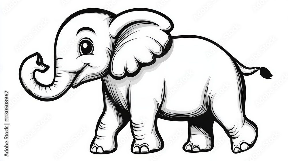 Obraz premium A simple black and white cartoon of an elephant lifting its trunk, flat vector design, on a white background.