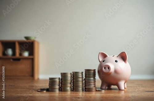 Pink piggy bank with coin on wooden table. Money saving concept