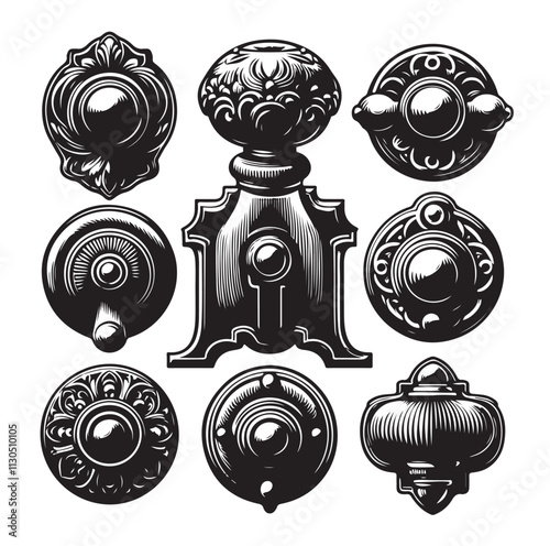 door knob set. Modern door handle Silhouette vector illustration