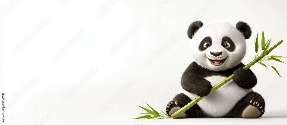 Obraz premium A smiling cartoon baby panda holding a bamboo stick, white background 