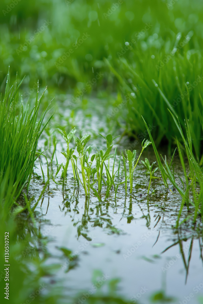 Obraz premium Green grass and sprouts in a water puddle during the rain. Natural soil moisture, fertile soil, nature and life