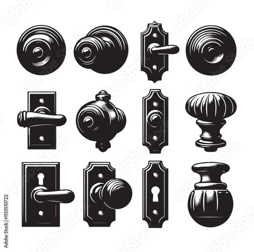 door knob set. Modern door handle Silhouette vector illustration