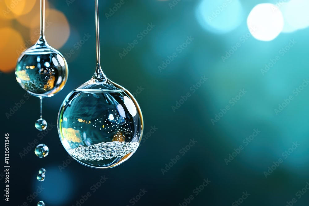 Fototapeta premium chemical and steel, production concept. Droplets of water hanging, reflecting light against a blurred background.
