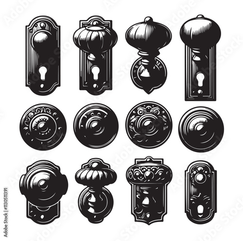 door knob set. Modern door handle Silhouette vector illustration