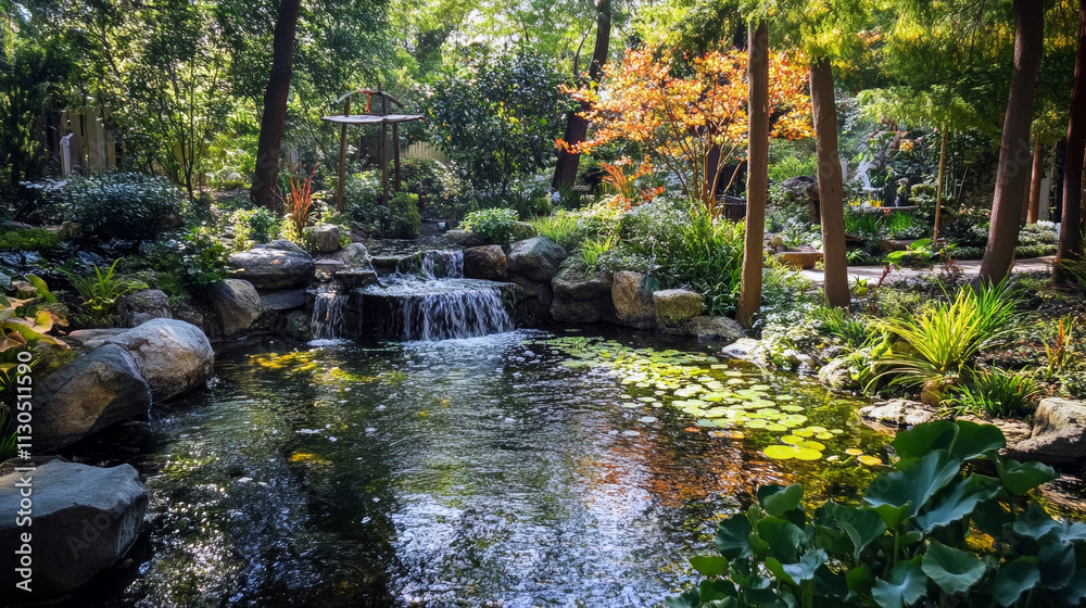 Obraz premium Beautiful waterfall garden feature in a pond in the park surrounded by lush vegetation