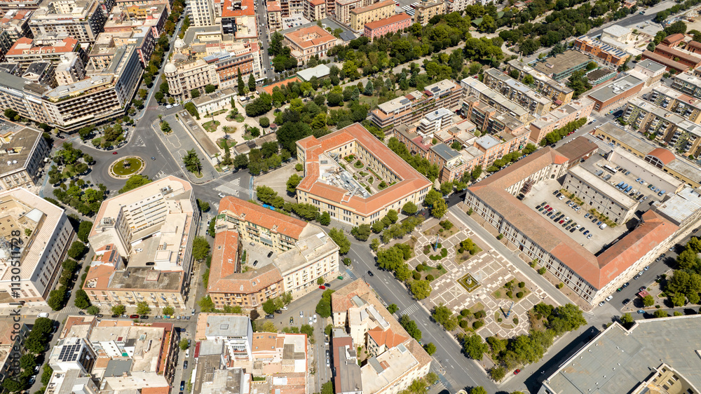 Fototapeta premium Aerial view of the Karol Wojtyla municipal villa in Foggia, Puglia, Italy. It is a large public city park.