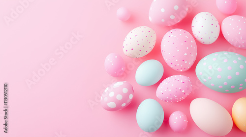 Pastel polka dot eggs playfully rest on a soft pink backdrop, capturing the joy of springtime
