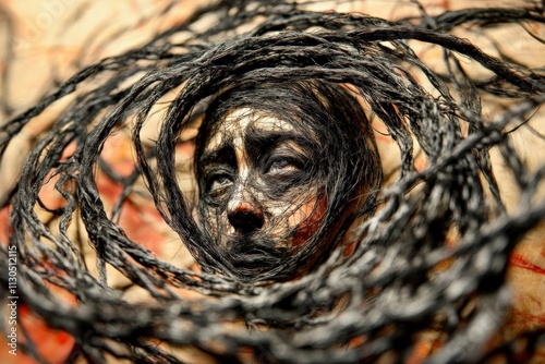 Tightly knotted black lines with small, jagged red edges, illustrating feelings of entrapment and worry