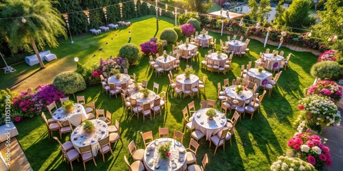 Aerial drone shots showcase beautifully arranged chairs, tables, and floral arrangements for a combined celebration.