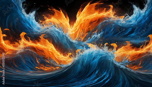 Fire and Water Elemental Contrast with Explosive Flames and Splashing Waves