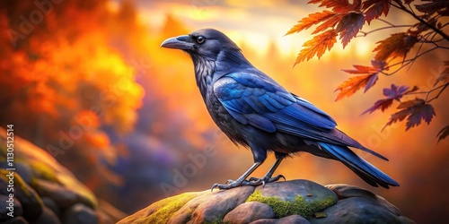 AI art: a stunningly realistic raven perched on a rock, in a dark studio setting. photo