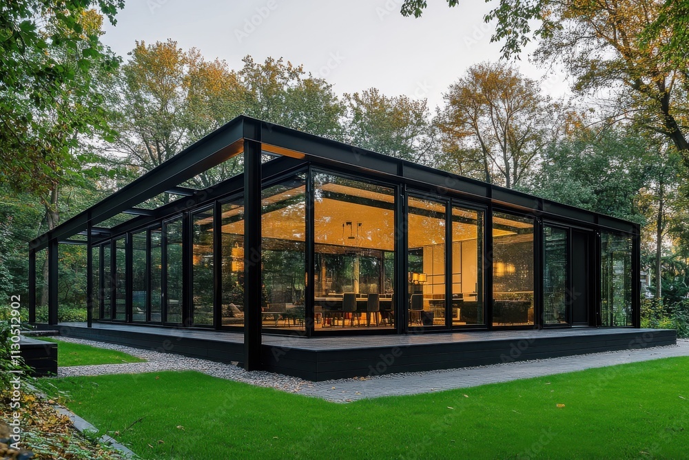 Modern modular private house, villa with black metal and glass walls. Residential architecture exterior Modern modular private house, villa with black metal and glass walls. Residential architecture exterior