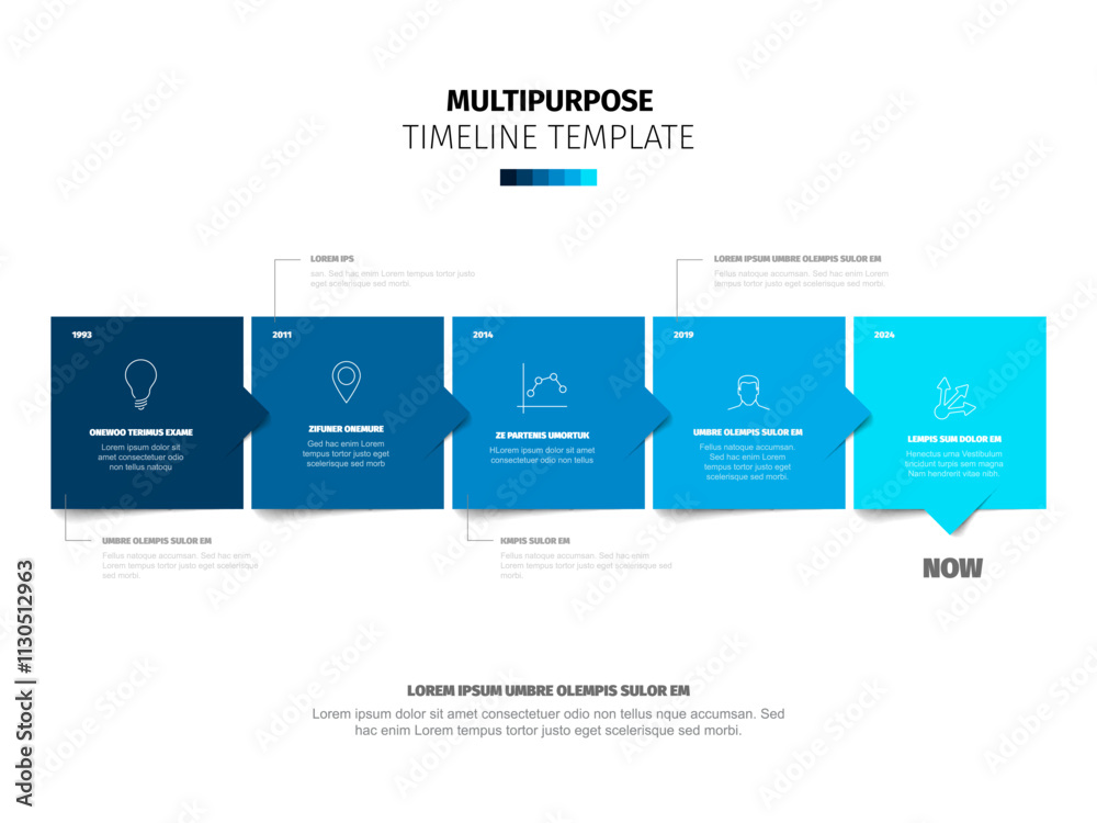 Obraz premium Multipurpose square blue blocks time line template with sample text content and icons on white background. Simple infochart for company history visualization