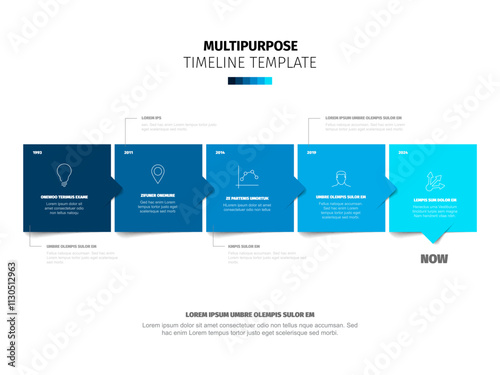 Multipurpose square blue blocks time line template with sample text content and icons on white background. Simple infochart for company history visualization