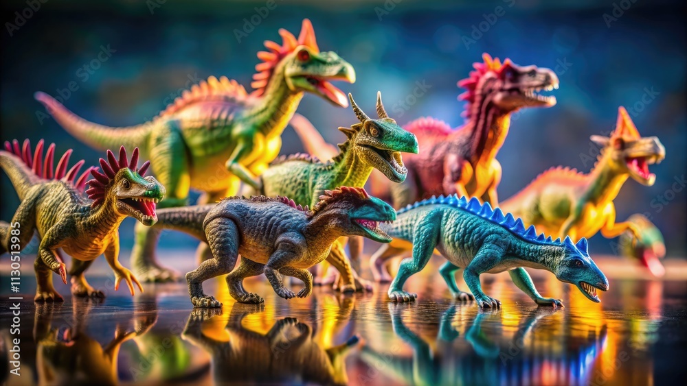 Fototapeta premium Capture prehistoric playtime: long exposure images transform dinosaur toys into epic scenes.