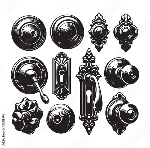 door knob set. Modern door handle Silhouette vector illustration
