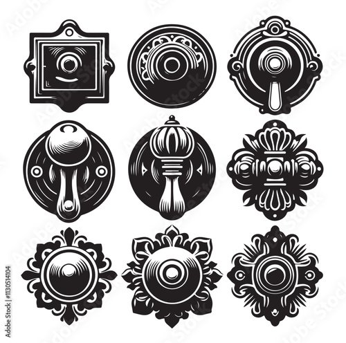 door knob set. Modern door handle Silhouette vector illustration