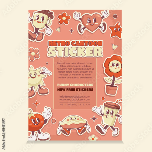 Hand drawn retro cartoon stickers on poster