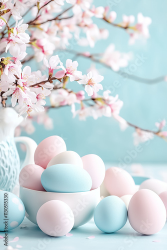 Delicate pink blossoms complement soft pastel eggs in a tranquil arrangement, capturing the essence of spring renewal