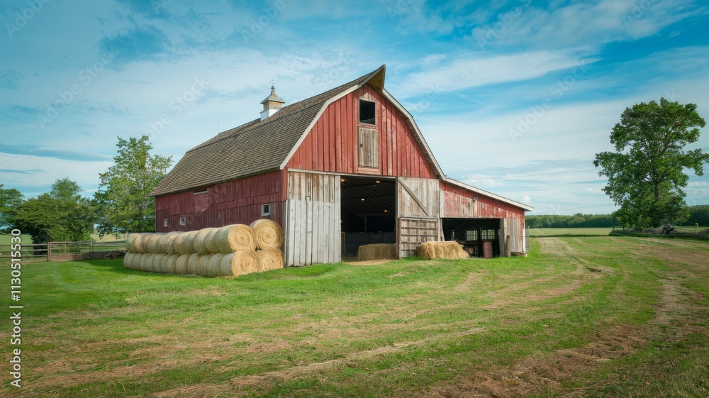 Fototapeta premium Country cottage in vibrant green fields under blue summer skies