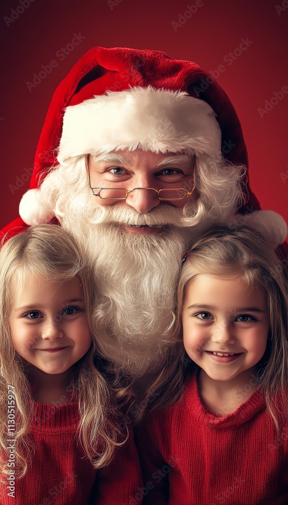 Smiling Santa Claus Poses With Two Happy Little Girls, Sharing Christmas Joy and Festive Cheer Smiling Santa Claus Poses With Two Happy Little Girls, Sharing Christmas Joy and Festive Cheer