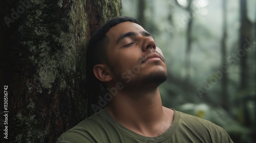 Young Hispanic man relaxing in rainforest nature, embracing tranquility