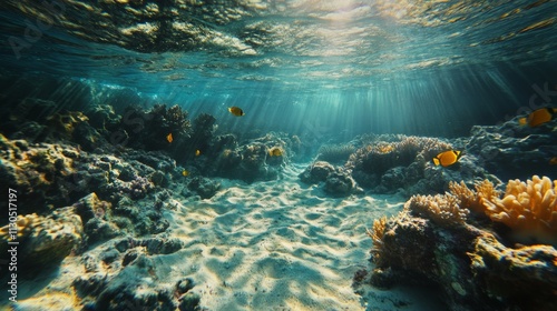 wide angle shot of under the sea, ocean floor, vibrant, fish are present 